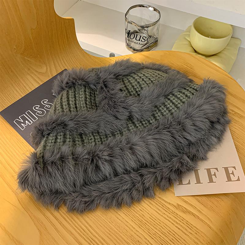 Rabbit fur knitted plush hat women's autumn and winter warm plush hat big head circumference showing face small bucket hat wool hat tide
