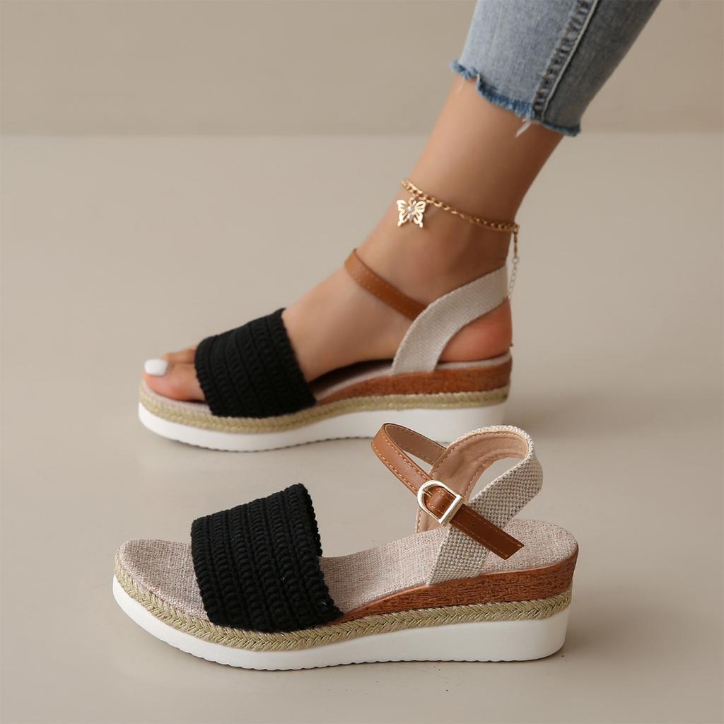 Women Woven Jute Wedge Sandals Adjustable Buckle Strap Platform Waterproof Sole Summer Footwear
