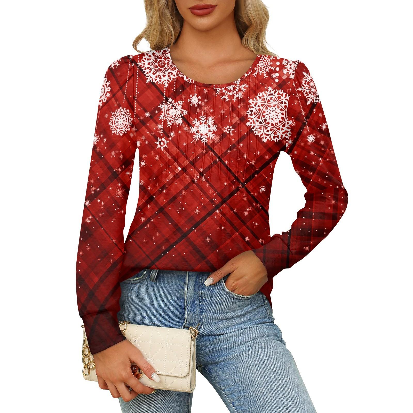 

Рубашки с длинным рукавом для женщин Милые принты Графические футболки Блузки Нарядные повседневные блузки Плиссированные туники с круглым вырезом Топы Рождество M винный