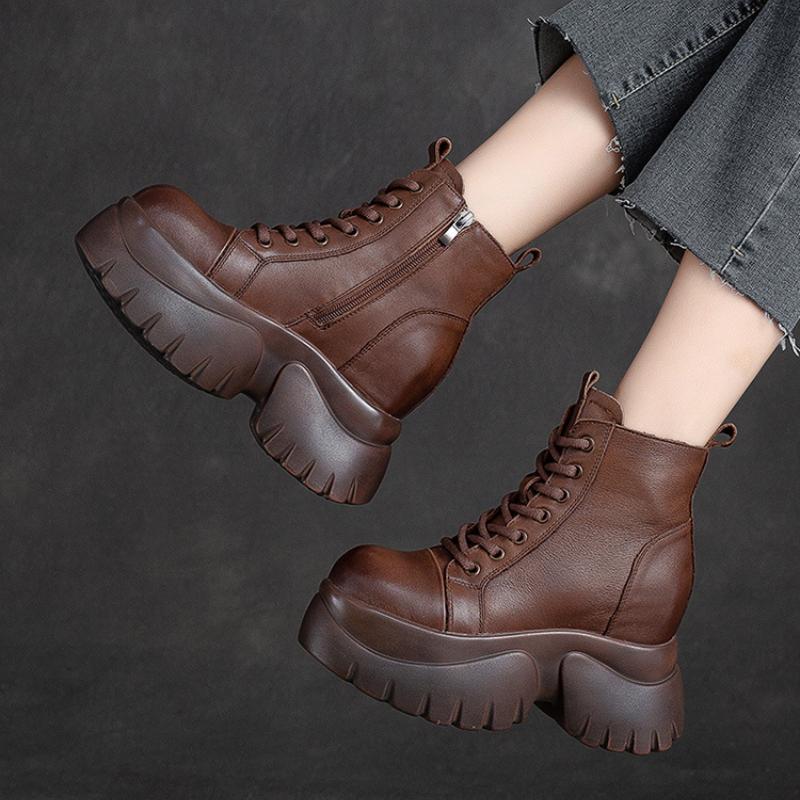 Johnature Pravá kůže Silná podrážka Dámské Kozačky Retro Kulatá špička Boční Zip Klínky Boty na platformě