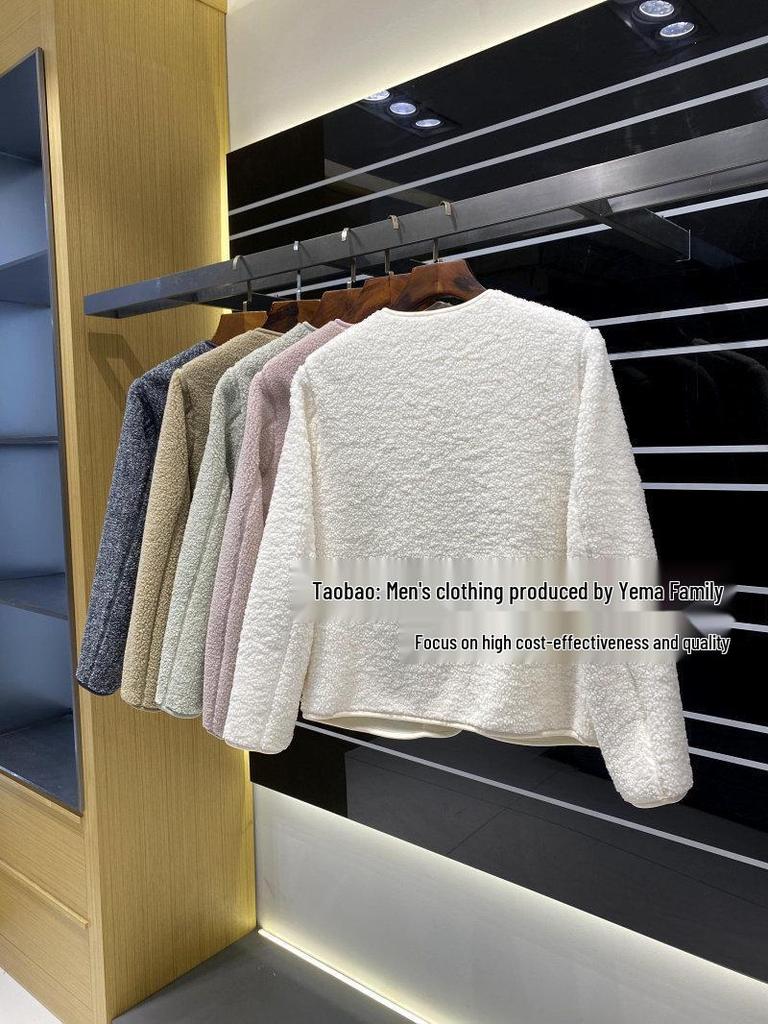 Japanese Designer Women's Imitation Lambswool Fleece Cardigan - Trendy Round Neck Warm Outerwear.