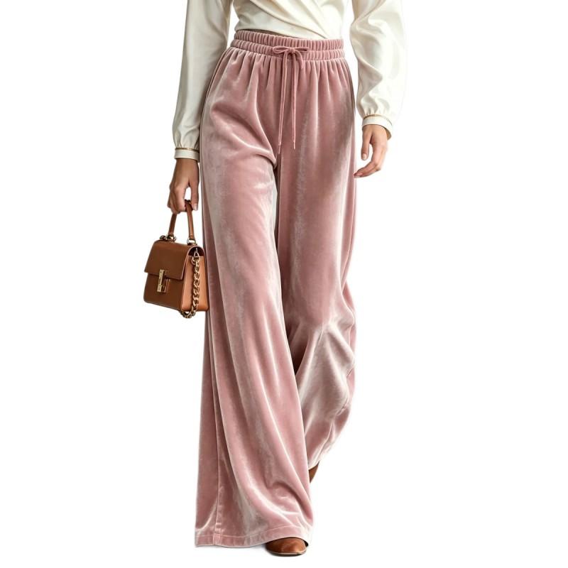 2026 Velvet Wide Leg Pants Women High Waist Loose Fit With Drawstring Pockets Winter