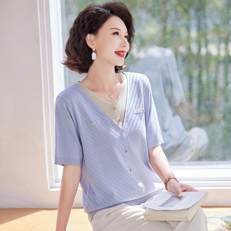 Pasite Women's Faux Two-Piece Knit Short Sleeve T-Shirt