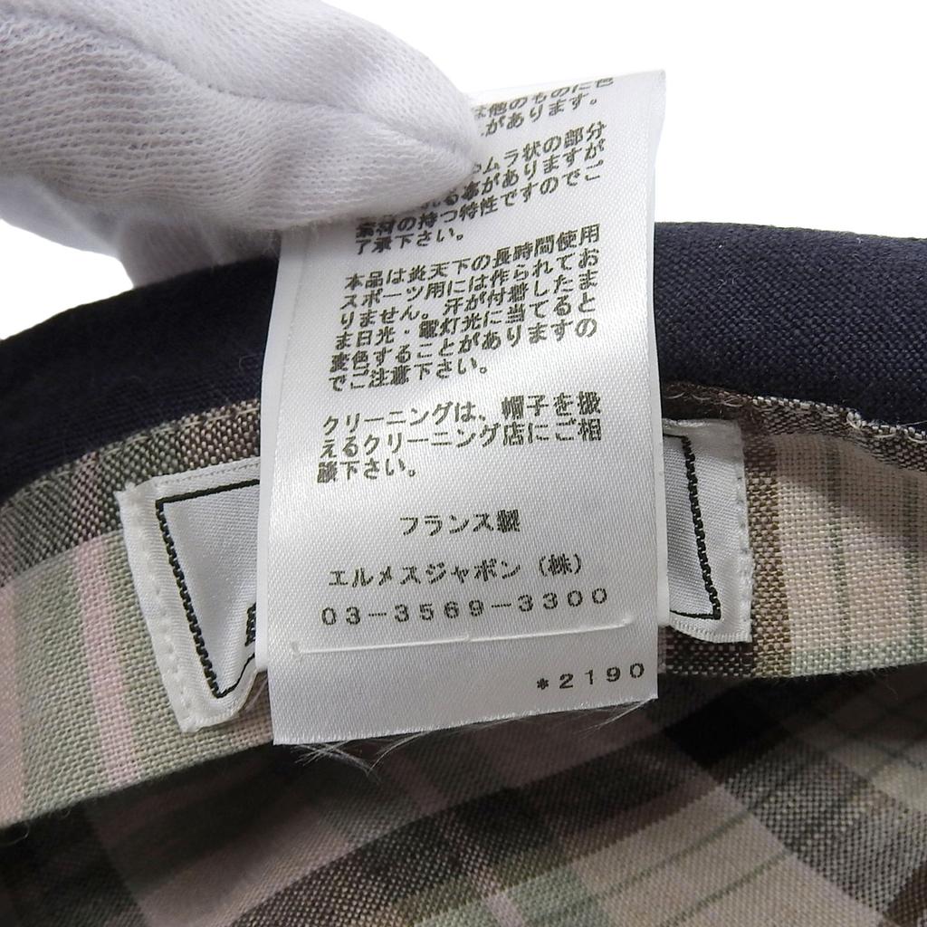 Great HERMES Casquette PAOLA Logo embroidery Check pattern lining Navy linen Women 57 Used