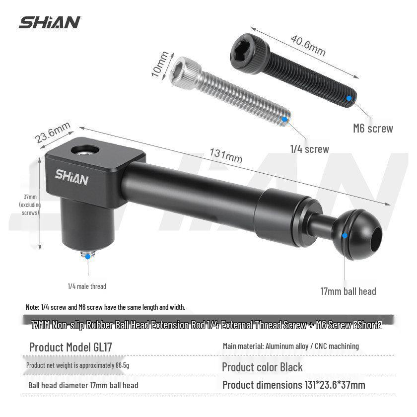 

Anti-Slip Rubber Ball Aluminum Rod Extension Arm with 1/4 M6 Elbow - 17/20/25mm