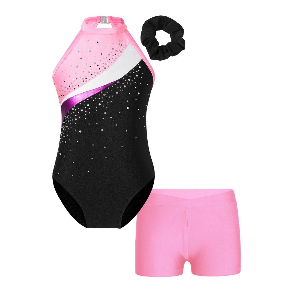 Girls Sleeveless Rhinestones Decorated Patchwork Leotard Hair Band V Front Waistband Shorts Gymnastics Training Dance Set
