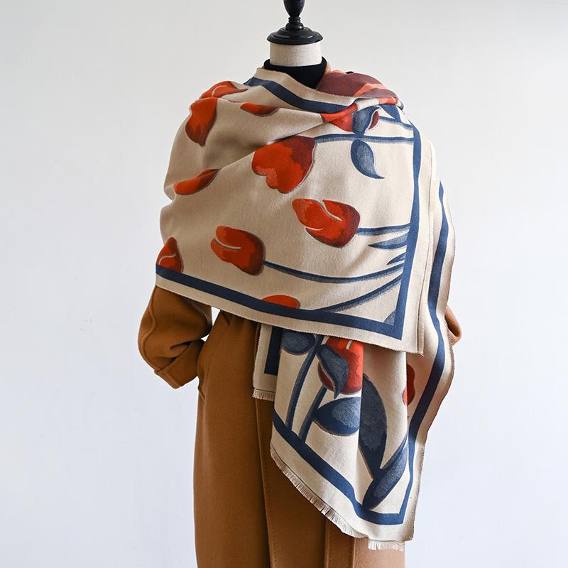 

New Tulip Double Sided Tassel Scarf Mature Imitation Cashmere Warm Shawl Autumn Winter Office Coldproof Windproof Wrapped Scarf