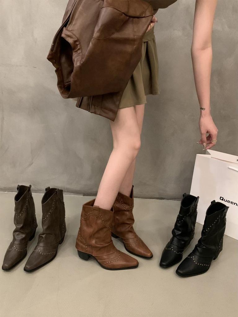 Coarse heel pointed western cowboy boots women's boots 2025 new thin short boots spring and autumn single boots brown Martin boots