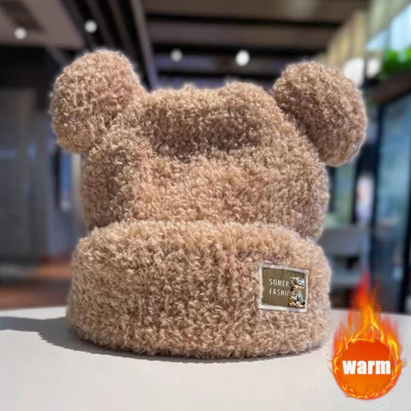 Cute Bear Ear Plush Knit Beanie Hat for Women Warm Furry Winter Headwear Non Elastic Soft Fisherman Style Cold Weather Cap
