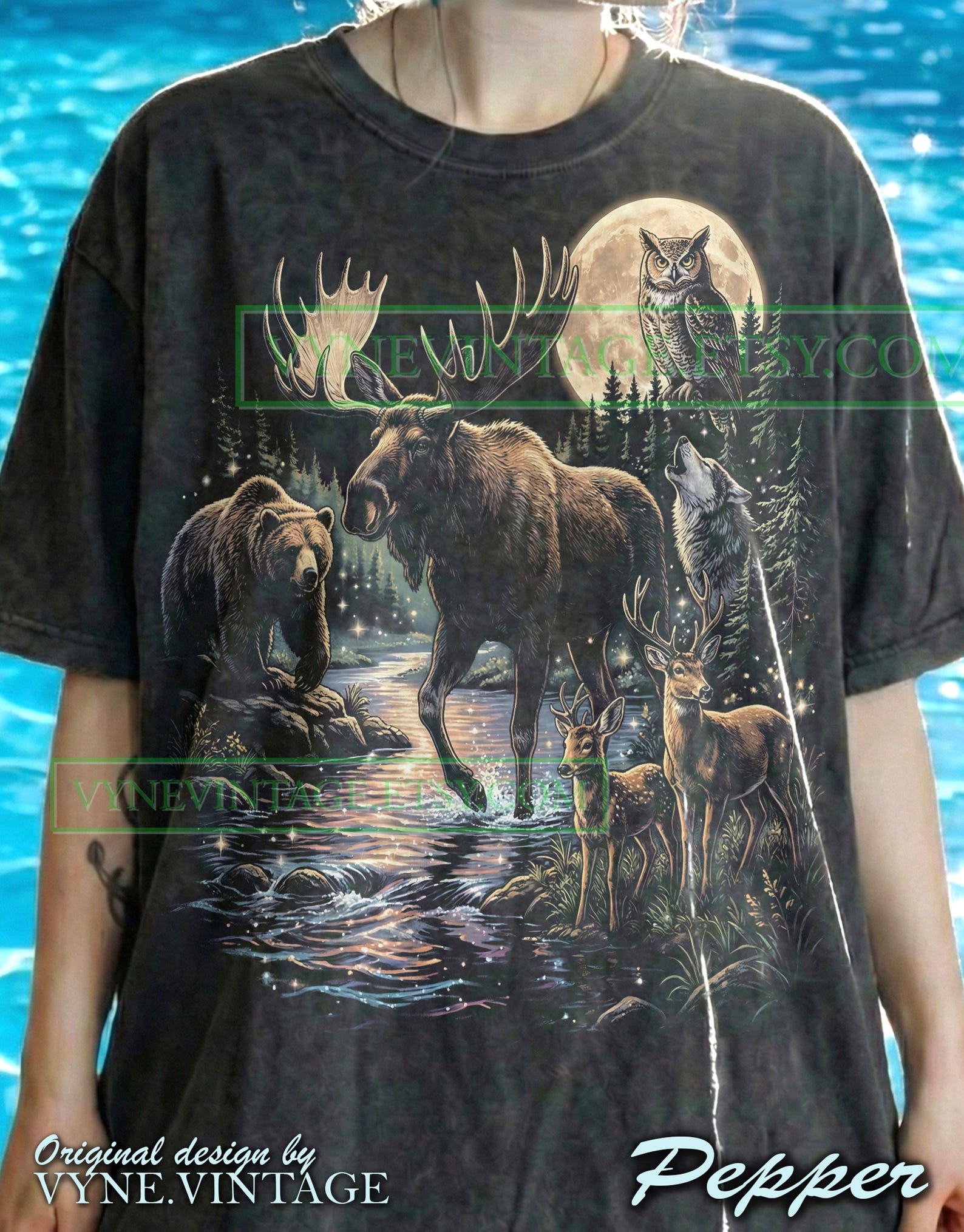 Vintage Moose Bear Wolf Comfort Colors® Tshirt, Owl Deer Tees, Forest River Moon Sweater, Wildlife Nature Tanktop, Outdoor Wilderness S