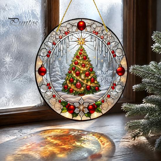 Retro Christmas Tree Hanging Pendant Stained Glass Style Acrylic Window Hanging, Snow Scene Indoor Xmas Party Decorations Suncatcher, Door Home Decor