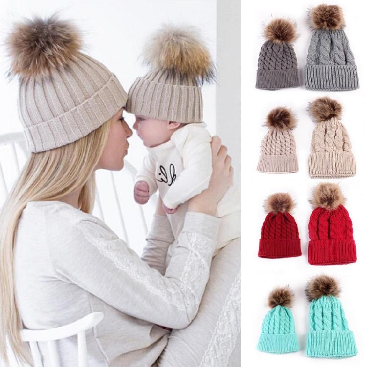 Pom Pom Hat in Matching Style for Parent Children Knitted Caps in Solid Color