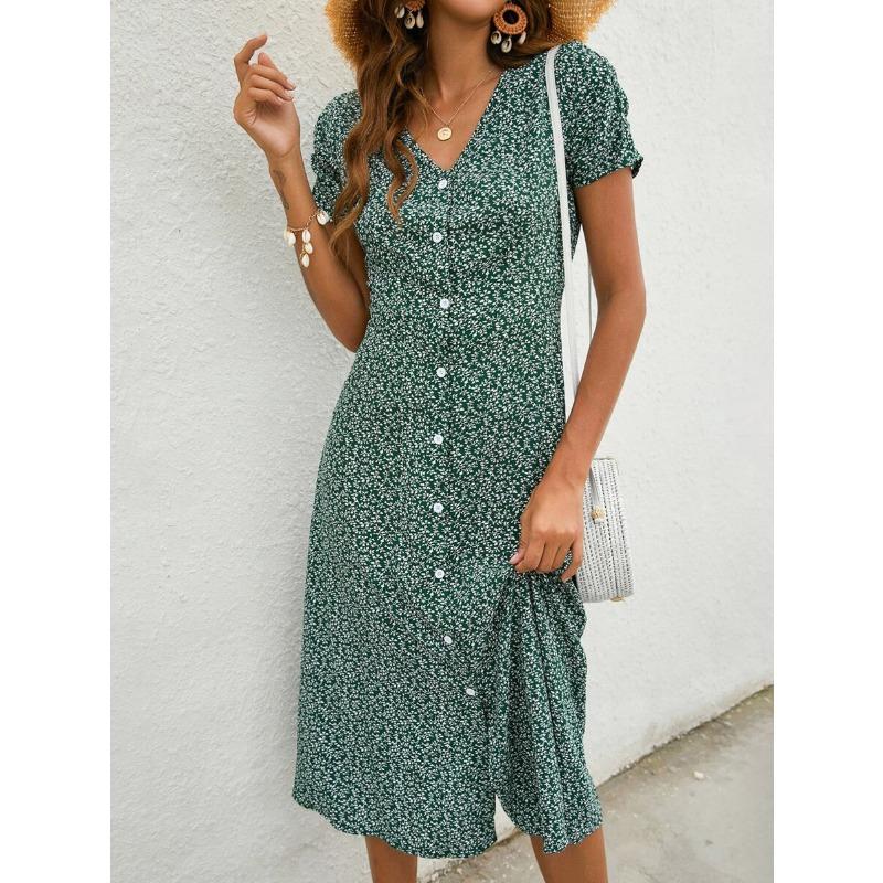 

Spring and summer new single-breasted V-neck floral mid-length ladies elegant dress XXL зелений