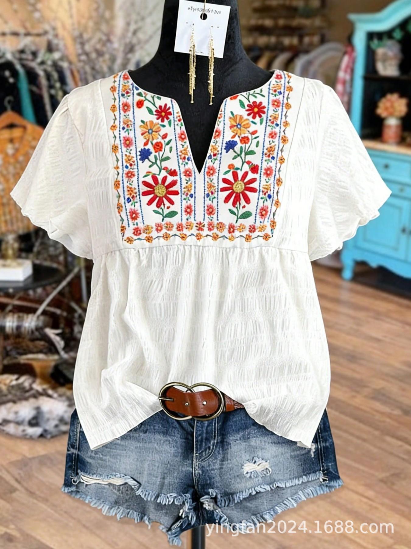 Plus Size Women s Lace V-neck Embroidered Shirt - Europe & America Style 3XL