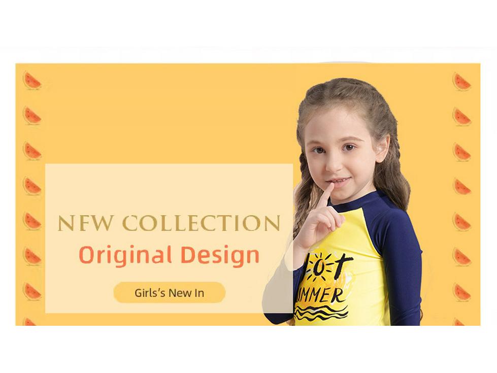 Girls' Long-Sleeved Split Swimsuit with Letter Print & Short Skirt - 2025 Collection