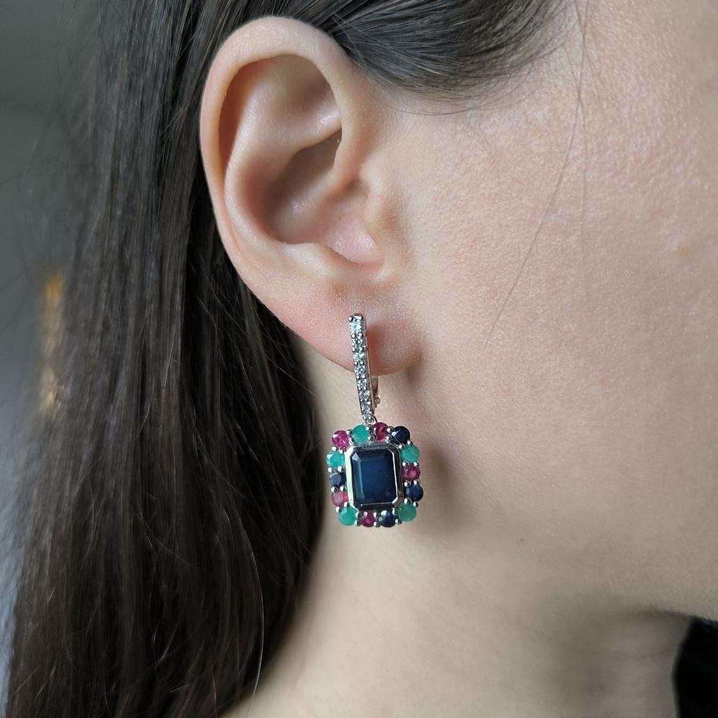 Silver Earrings with Natural Sapphire 4.05ct, Emerald, Ruby (2182399)