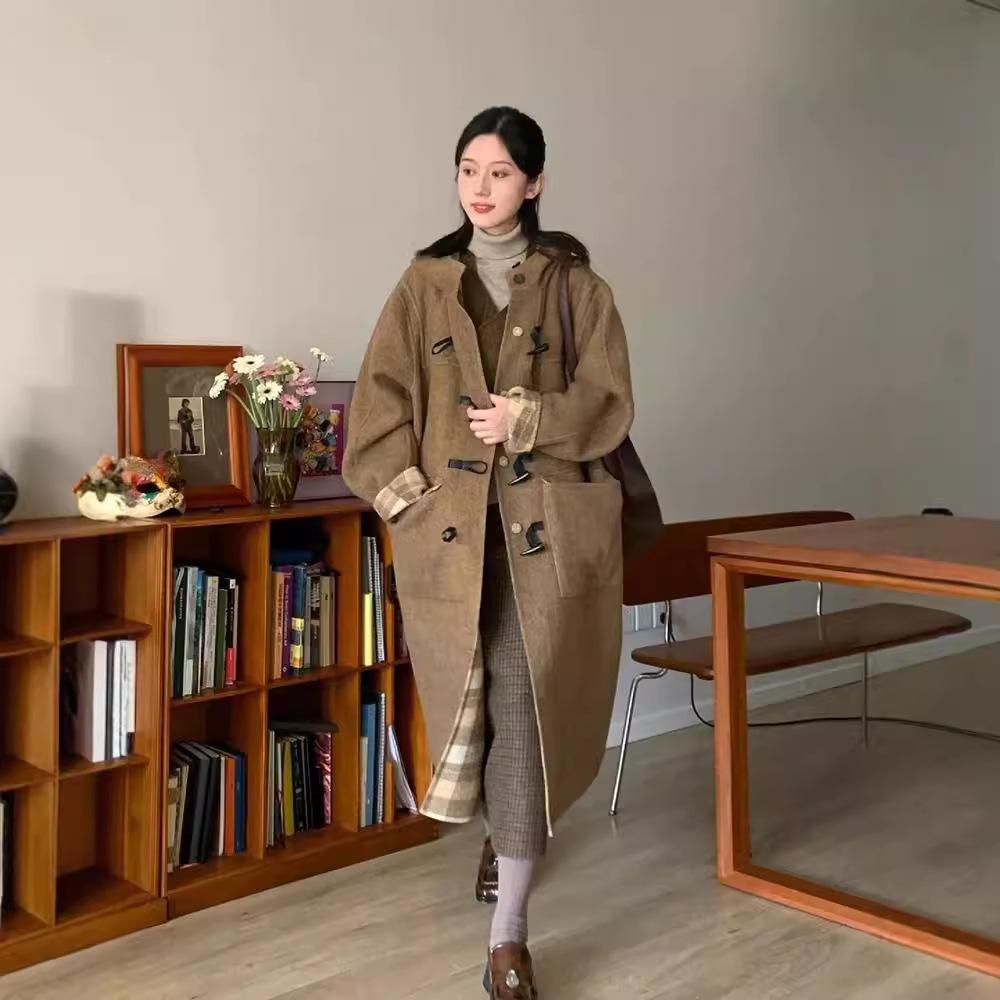 Wendemantel aus Wolle für Damen, mittellang, kariert, mit Kapuze, koreanischer Wollmantel