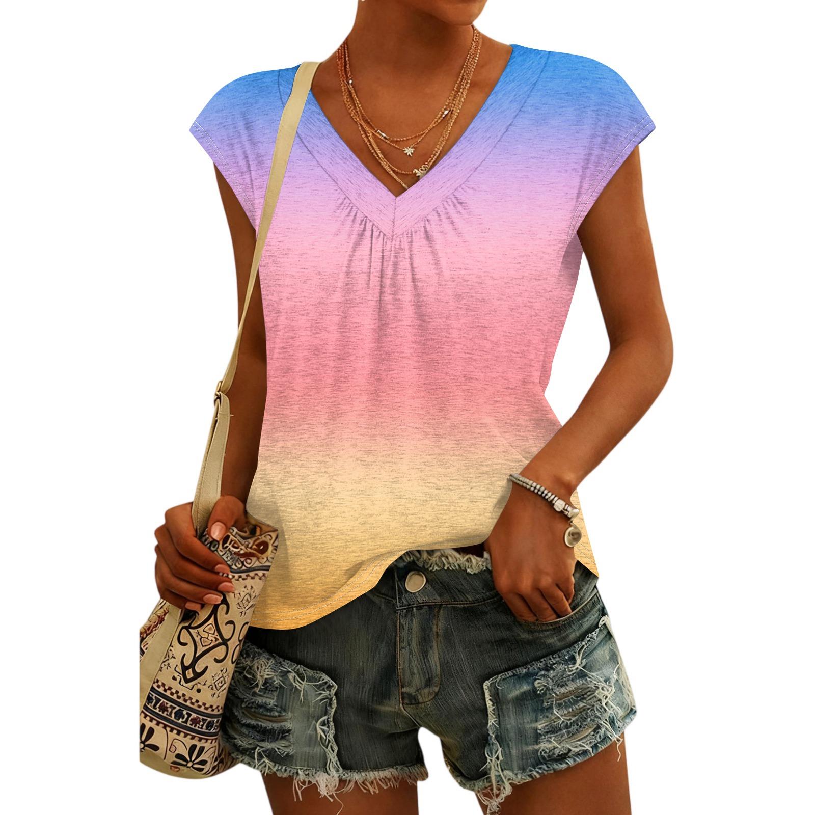 

Женский модный топ с V-образным вырезом, принтом-градиентом и коротким рукавом S синий