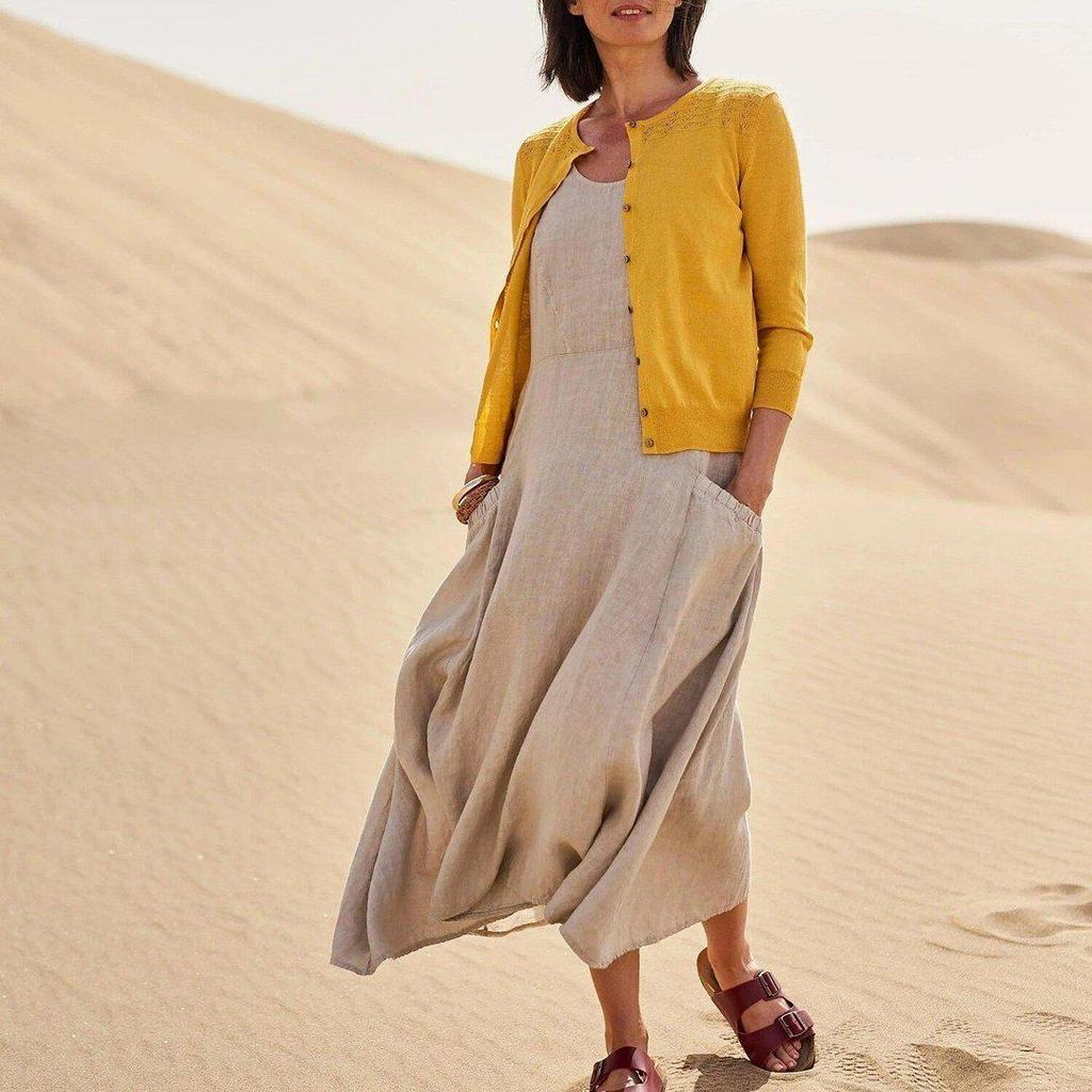 Wish2025 Summer Women's Sleeveless Cotton Linen Dress - European & American Style with Pockets