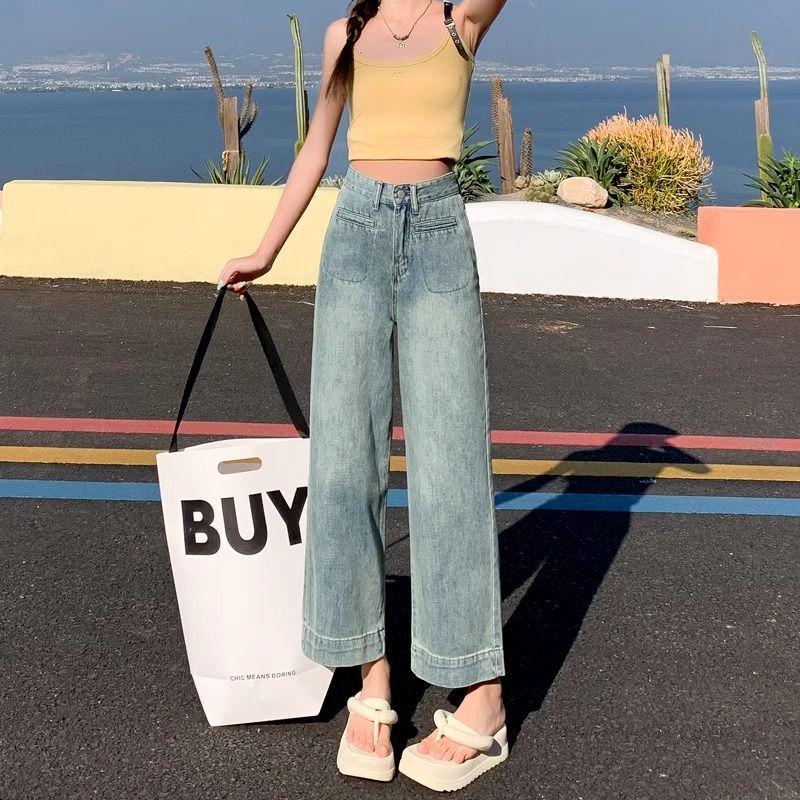 Plus Size Women's Loose High Waist Wide Leg Jeans with Front Patch Pockets