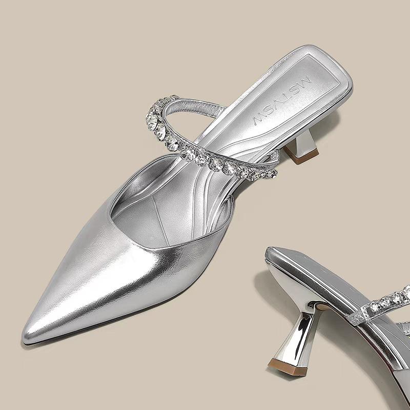 Pointed rhinestone low-heeled shoes girl 2025 new nude French fairy wind bag head half slippers one pedal women's shoes