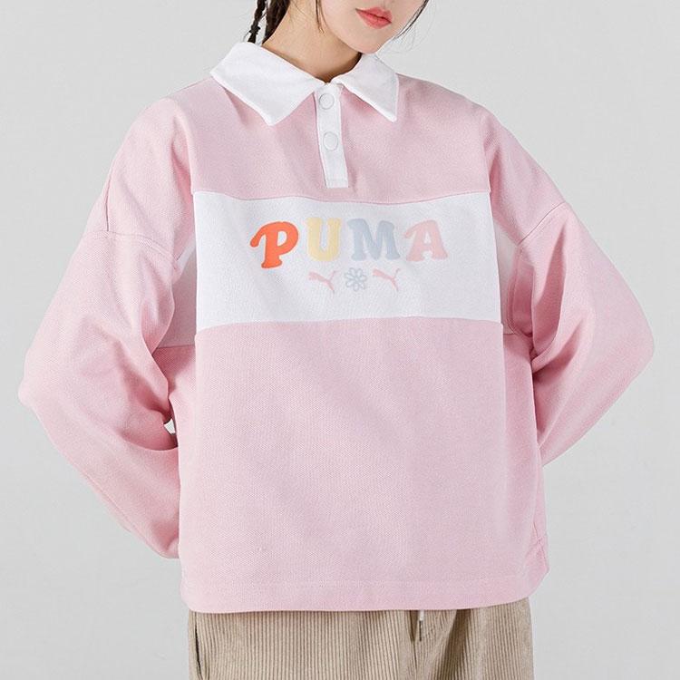 Puma Logo Print Color Block Long Sleeve Polo Shirt Women Tops Pink 536093-16