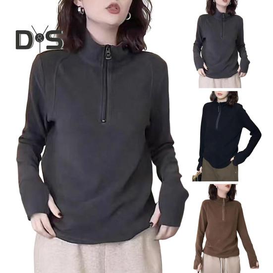 Lady Fall Winter Top Half Zipper Stand Collar Neck Protection Solid Color Loose Bottoming Sweatshirt Long Sleeves Elastic Layering Clothes for Sport
