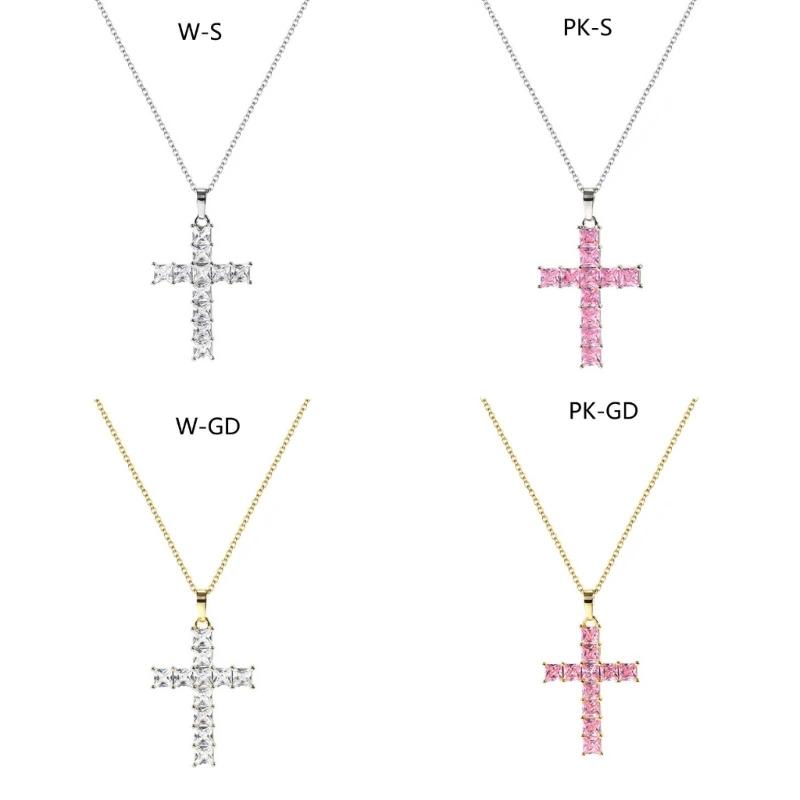 Fashion Shine Crystal Zircon Cross Pendant Necklace For Women Girl Zircon Thin Chain Necklace Punk Teenger Party Jewelry