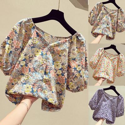 Fashion Womens Button Puff Short Sleeve Square Collar Printed Ladies Tops Shirts