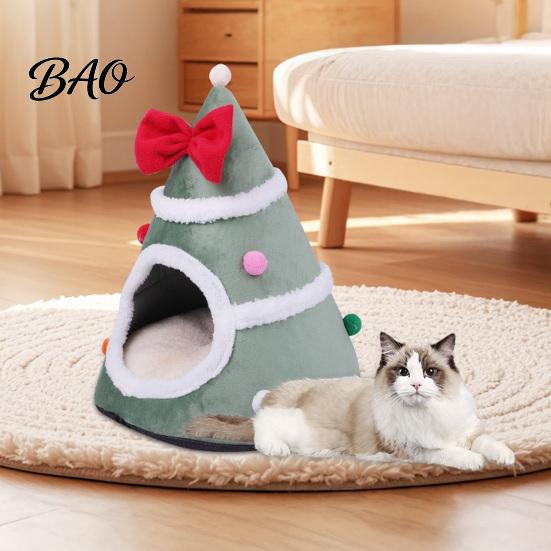 Cute Christmas Tree Pet Bed Cat Bed, Plush Cave with Removable Cushion, Non-slip Warm Sleeping for Cats Bottom, Cozy House Indoor Kittens Winter