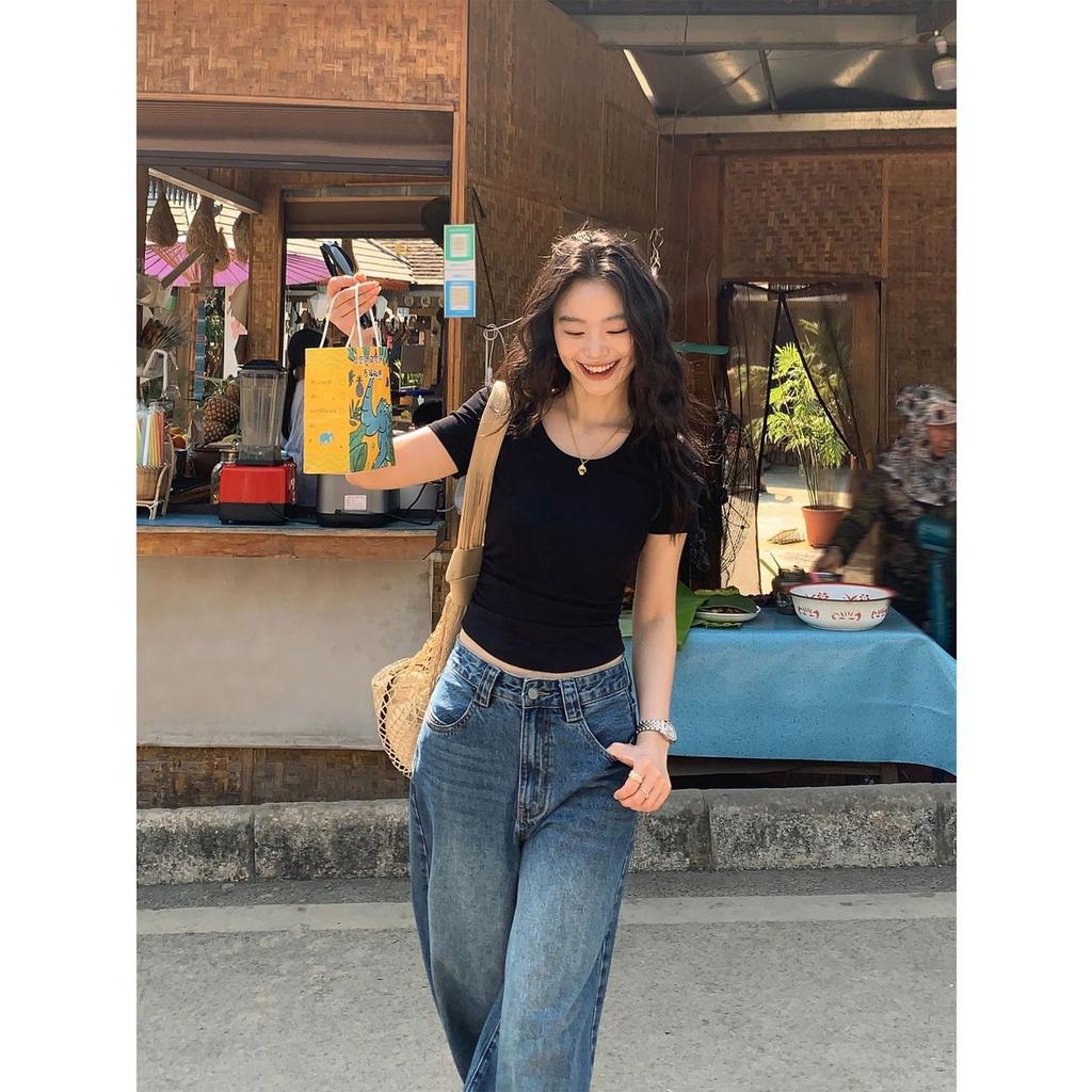 U-neck Slim-fitting Short-sleeved T-shirt Women's Summer New Korean Waist-pinched Thin Bottoming Shirt Spice Girl Atmosphere Top