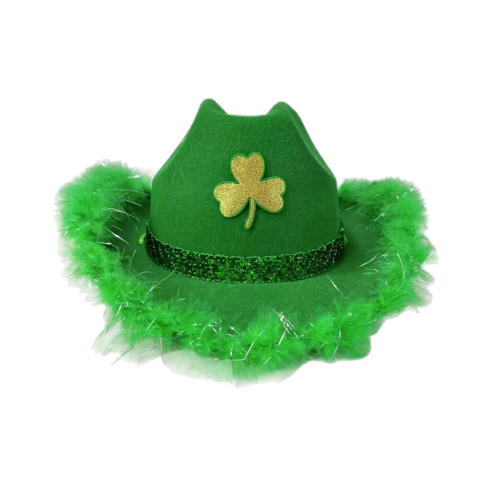 

Унисекс ул.. Плетеная ковбойская шляпа с зеленой отделкой ко Дню Святого Патрика One Size темно-зеленого