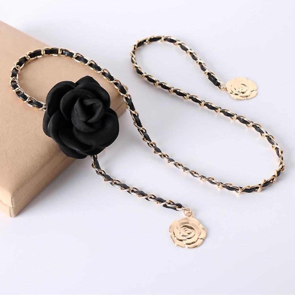 Korean Fashion Black & White Camellia Pearl Waist Chain Belt for Women