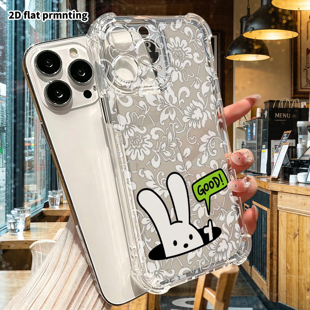 Phone Case: 2D flat suitable for iPhone 18 17 16 15 14 13 Pro, transparent four corner protective case, dotted rabbit, Christmas and Halloween gift