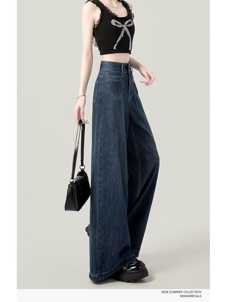 Women's Wide-Leg Jeans, Loose Fit, Plus Velvet, Spring/Winter, Plus Size, Drape Straight-Leg, Floor-Length (2024 Style)
