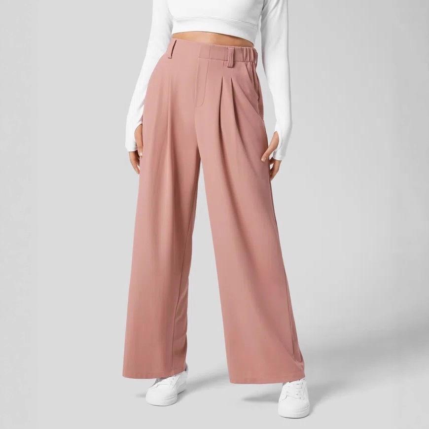 Women's High Waist Pleated Wide Leg Dress Pants Solid Color Office Business Trousers With Side Pockets