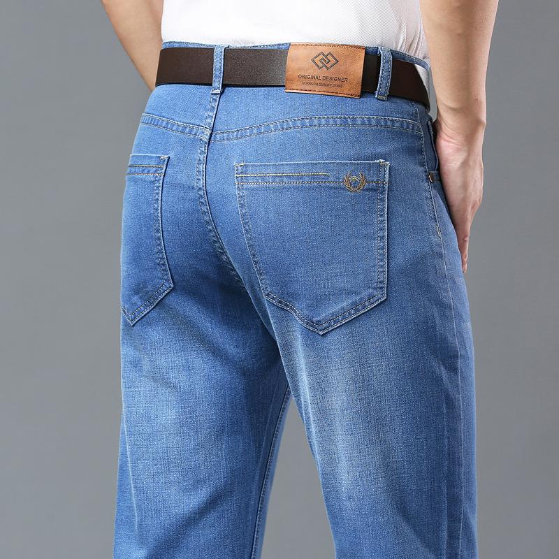 

Летние ультралегкие джинсовые брюки из ледяного шелка для мужчин прямого кроя, повседневные деловые брюки больших размеров 28 светло-синий