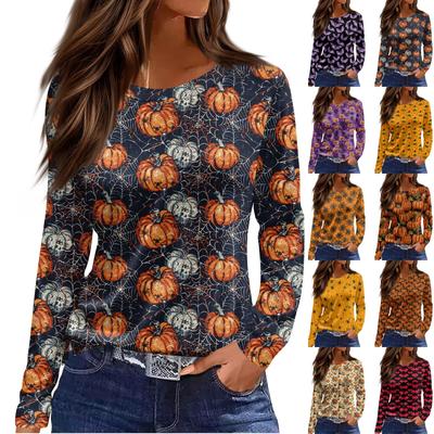 Women's Fashion Hem Slit Casual Halloween Printed Round Neck Long Sleeve Top