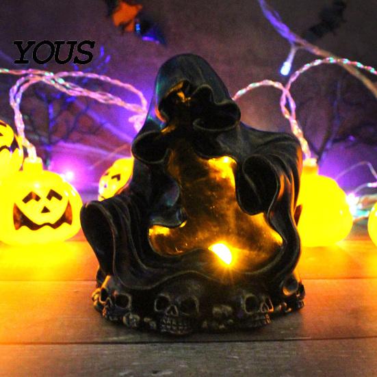 Creative Gift for Halloween Lovers Wizard Ghost LED Night Light with Embossed Skull Base, Resin Glowing Figurine, Environmentally Friendly Craft