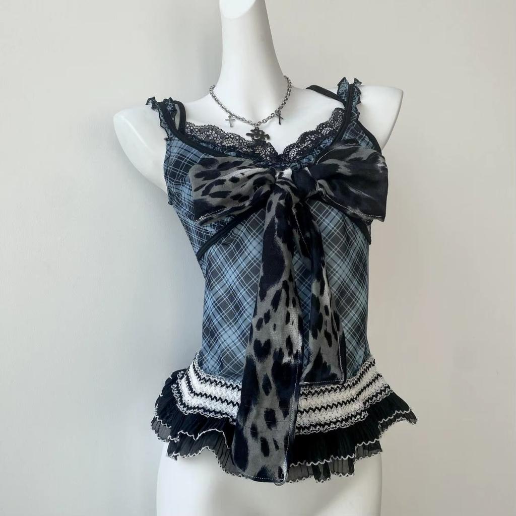 2KWEIRD Crop Top Sexy Vest Women's Clothing Bandage Bow Plaid Tees Fashion Korean Camis Y2k Tops Patchwork Lace Tunic Summer Tanks
