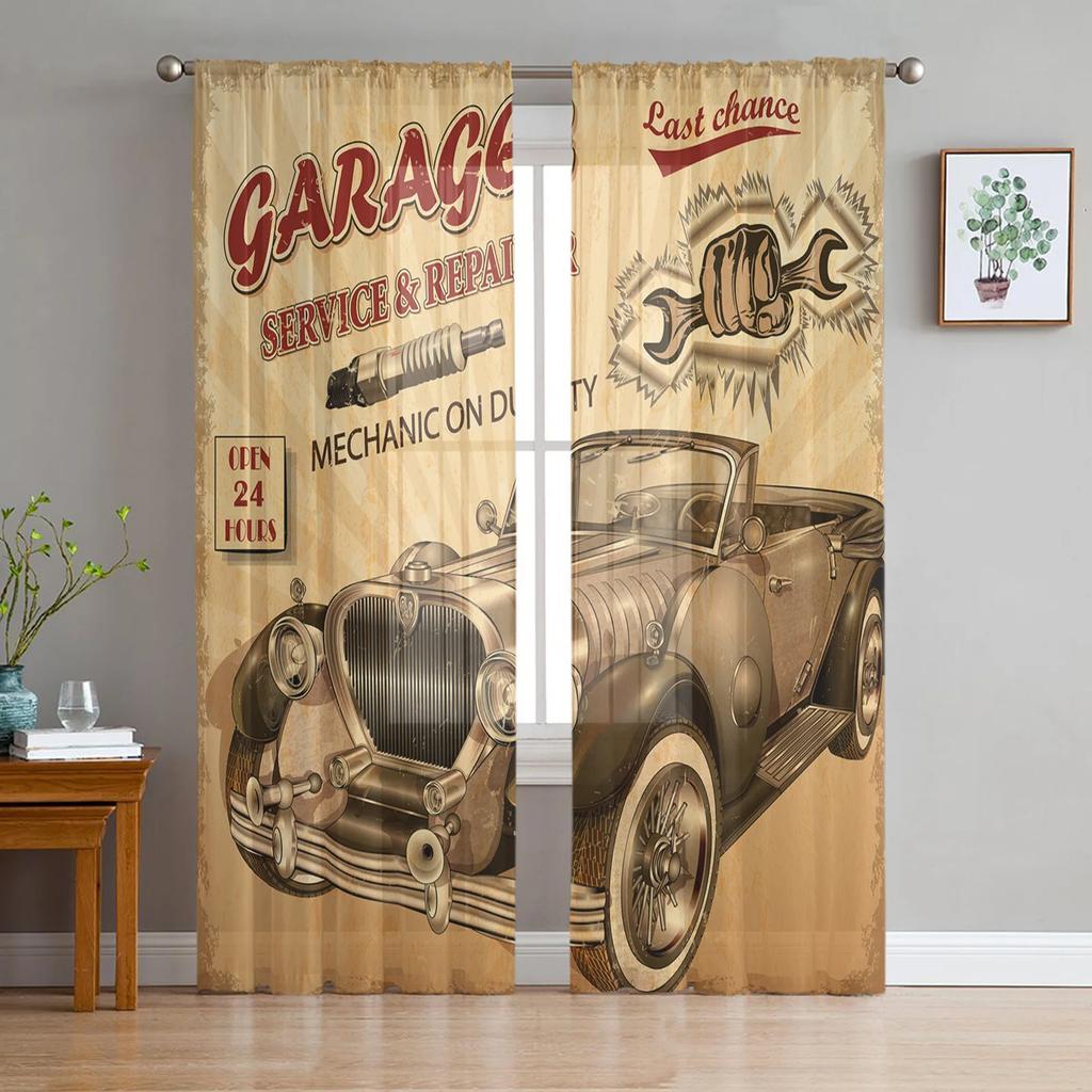 Car Wings Icon Retro Tulle Curtains for Living Room Print Sheer Voile Curtain Bedroom Window Screening Drapes Blinds Home Decor