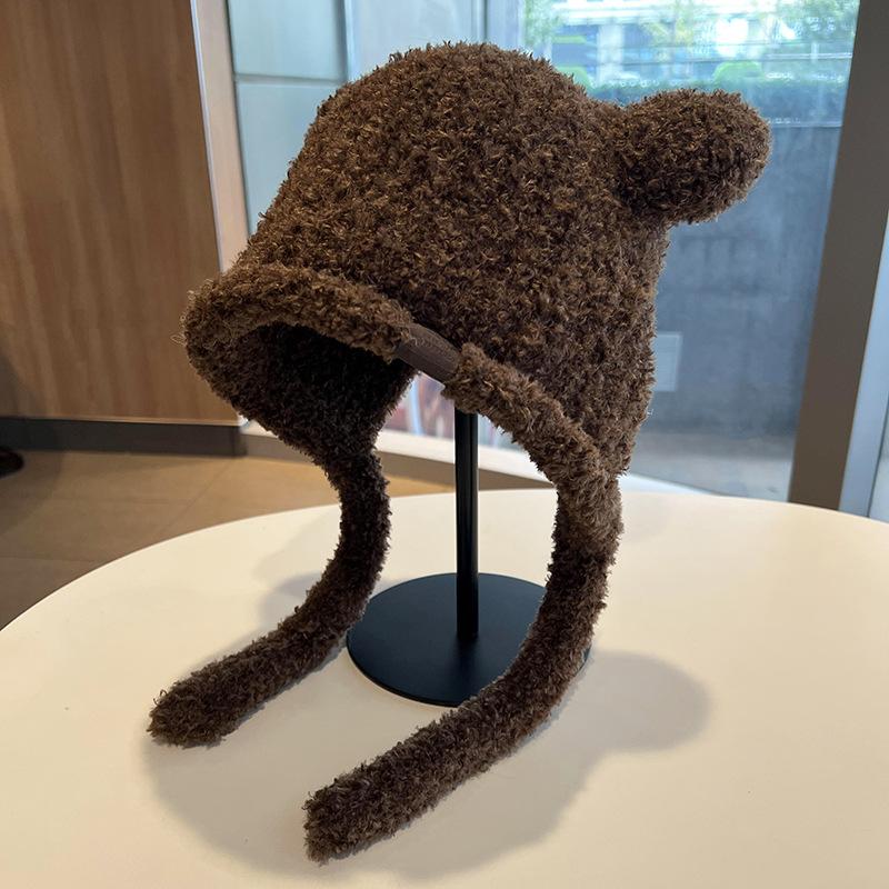 

Bear Plush Knitted Hat for Women Winter Warm Ear Protection Cap with Big Head Circumference and Cute Ears Student Pullover Hat One Size