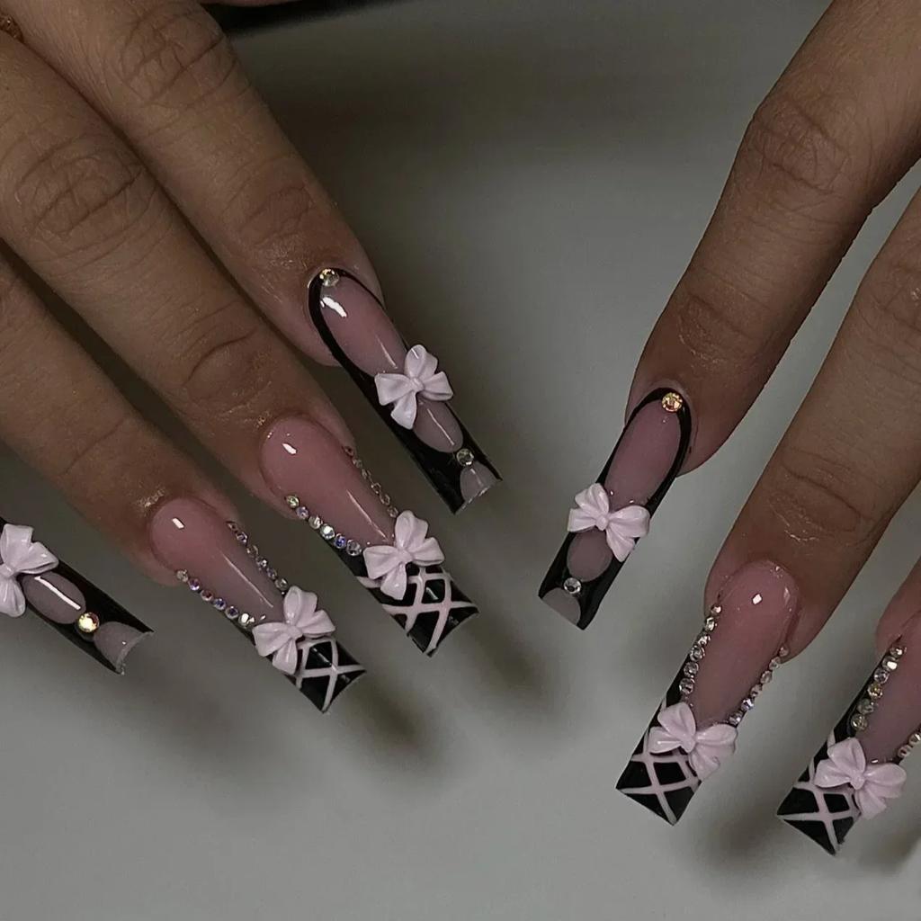 24Pcs White French Tip False Nails Long Ballerina Coffin Shape With Butterfly And Pearl Decor Full Cover Press On Nail Tips