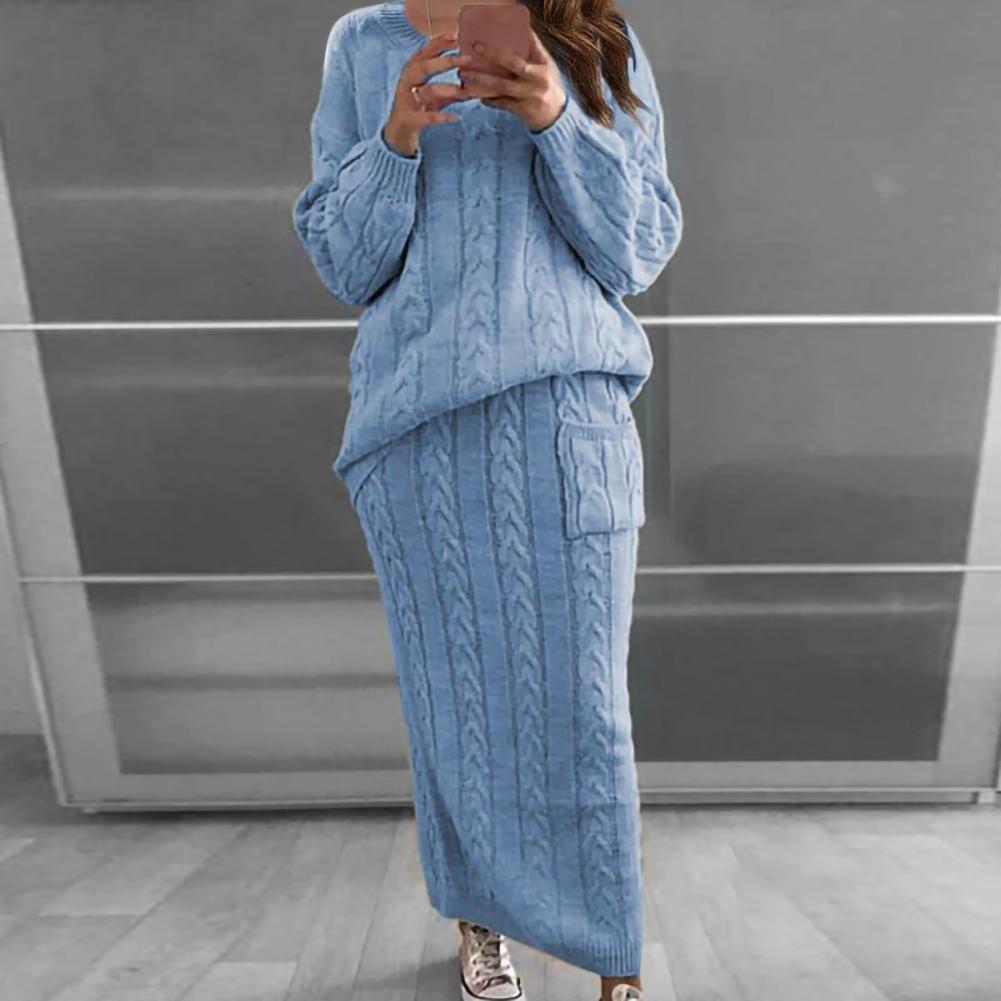 Winter Frauen Gestrickte 2 Stück Set Casual Einfarbig Langarm Pullover Pullover Top + Gestrickte Röcke 2PCS Anzüge frauen Warme Sets
