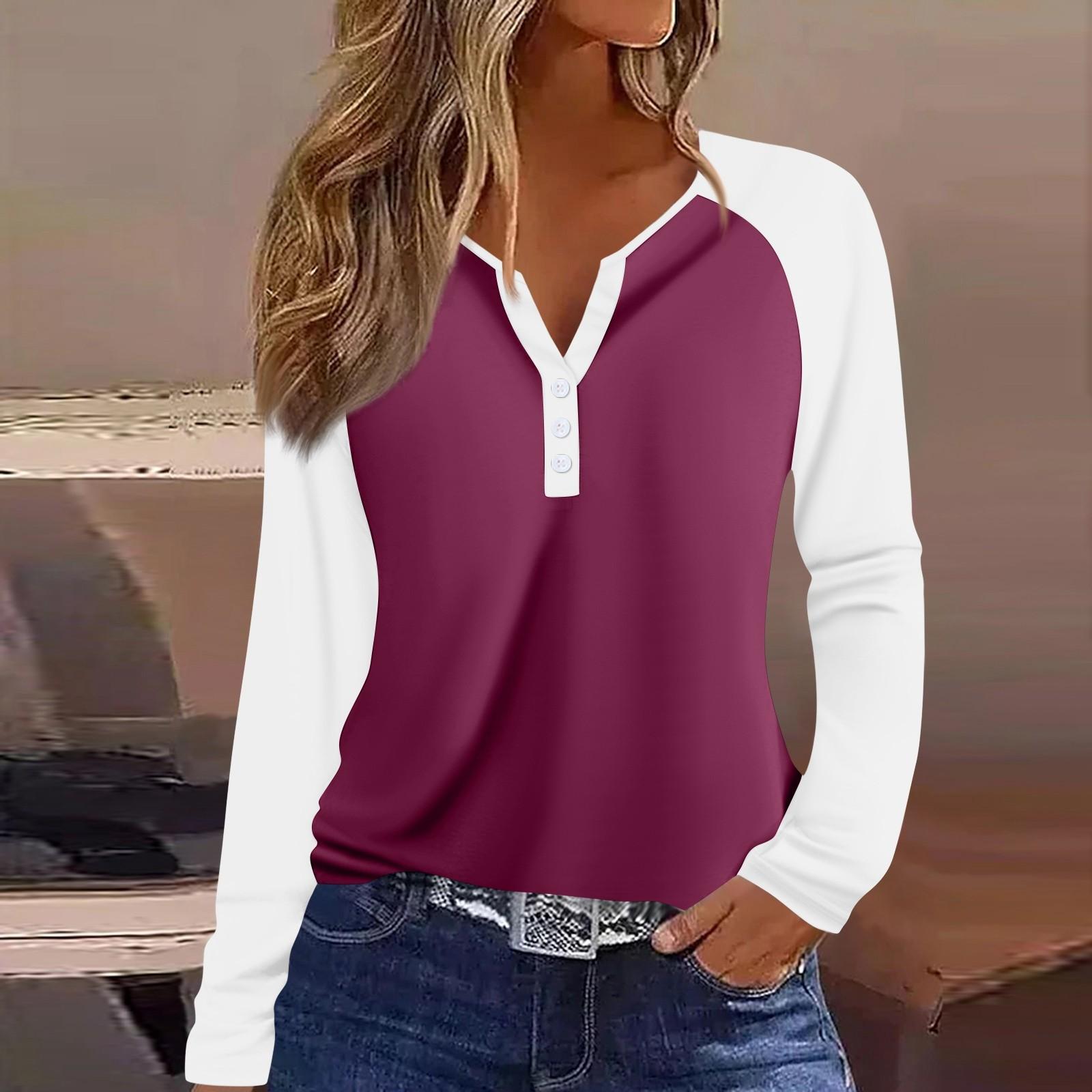 

Женская футболка колор-блок на пуговицах с длинным рукавом, повседневная, для выходных, модная, базовая, с V-образным вырезом, обычная XL винный