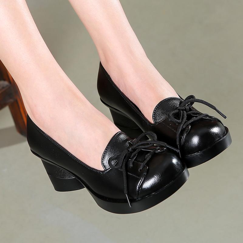 Fashion GKTINOO Spring Women Pumps Retro Lady 6CM High Heels Slip On Platform Pumps Handmade Women Genuine Leather Shoes