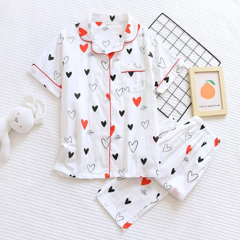 New Spring and Summer Pajamas Two-piece 100% Cotton Gauze Women's Short-sleeved Trousers Home Service Suit Cute and Thin