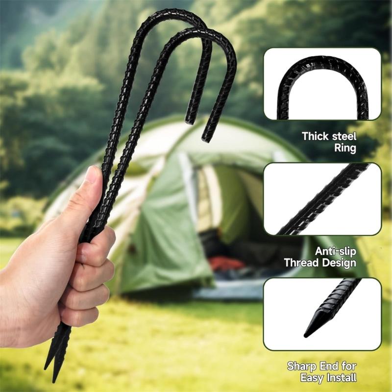 Camping Tent Stakes with a Pointed Ground End and J-Bend Head, Steel 8-Piece Set for Shelter Cord, Tarps, and Canopies