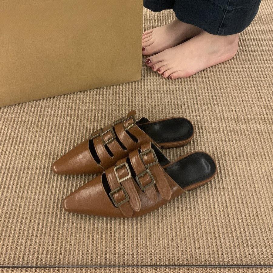 Fashion 2025 Women's Fashion Baotou Slippers Summer New Pointed Hollow Metal Buckle Soft Sole Anti-slip Wear-resistant Flat Sandals