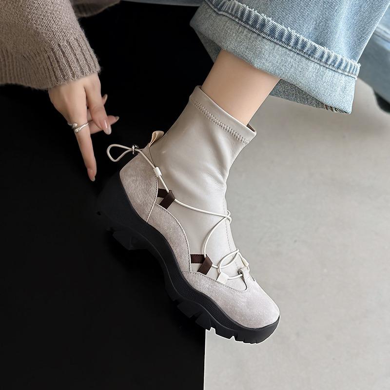 Fashion Niche Retro Platform Round Toe Women's Fashion Sports Booties Sock Boots